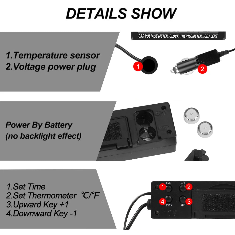 4 in 1 Clock Calendar Thermometer Car Multi-Function Color Screen Voltage With LCD Time Date In-Car Outdoor Temperature Display